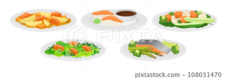 Tasty Salmon Fish Dish Served on Plate Vector Set 108031470