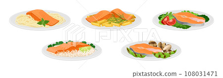 Tasty Salmon Fish Dish Served on Plate Vector Set 108031471