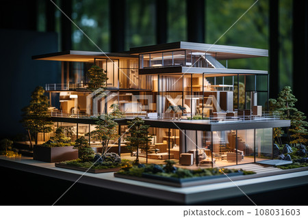 Modern private house model on a table. Concept of architecture and design, real estate, construction. Selling or buying a house. Future apartment building scale model on the desk in architect office 108031603