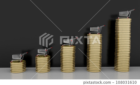 Growth of sales or growth of market basket or consumer price index concept. CPI. Shopping basket on coin stacks. 3d illustration Growth of sales or growth of market basket or consumer price index concept. CPI. Shopping basket on coin stacks. 3d illustration 108031610