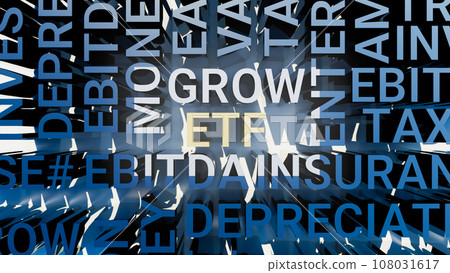 Concept image of business tag ETF. Three-dimensional letters geometrically on a white background. EBITDA, TRUST, INVESTMENT, TAX, REIT, VALUATION, EARNINGS, INSURANCE, REAL ESTATE. 3d rendering 108031617
