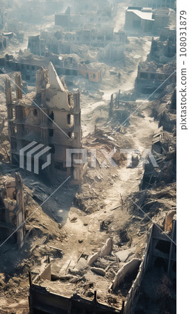 Empty ruins of city destroyed by war or natural disaster. Consequences of carpet bombing Empty ruins of city destroyed by war or natural disaster. Consequences of carpet bombing 108031879