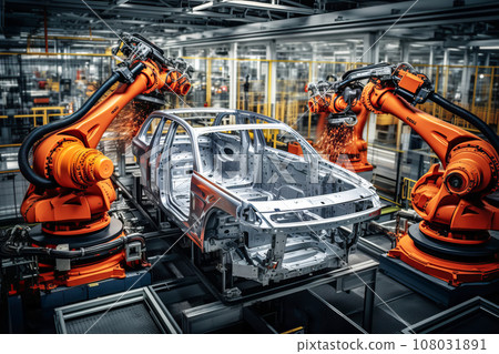 Automated Robotic modern electric car Production Line. Welding Industrial Production Conveyor Automated Robotic modern electric car Production Line. Welding Industrial Production Conveyor 108031891