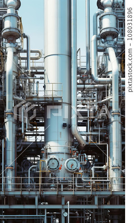 Pipeline, storage tanks and pipe rack of petroleum, chemical, hydrogen or ammonia industrial plant. Industrial zone, vertical format 108031896