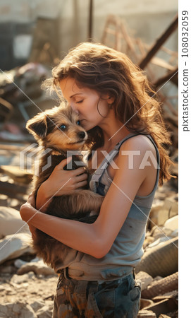 Girl hugging a dog in destroyed city rubble. Survivors of bombing or earthquake disaster Girl hugging a dog in destroyed city rubble. Survivors of bombing or earthquake disaster 108032059