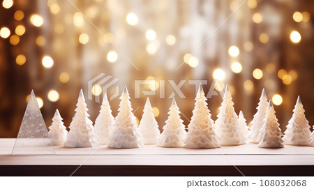 Christmas background with white Christmas trees baubles on blurred festive bokeh banner Christmas background with white Christmas trees baubles on blurred festive bokeh banner 108032068