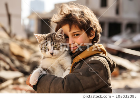 Boy hugs a cat in destroyed city rubble. Survivors of bombing or earthquake disaster Boy hugs a cat in destroyed city rubble. Survivors of bombing or earthquake disaster 108032093