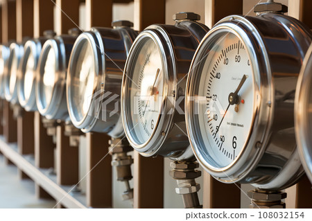 Pressure and flow meters gauges installed in industrial equipment. Industrial zone Close up Pressure and flow meters gauges installed in industrial equipment. Industrial zone Close up 108032154