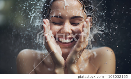 Woman washing her face with water Woman washing her face with water 108032165