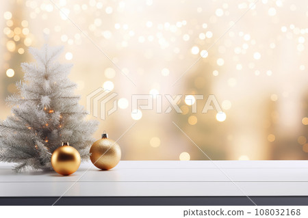 Christmas decor and Empty wooden table with festive Christmas winter background. Selective focus on tabletop 108032168
