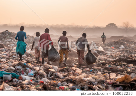 Group of homeless African children back view collecting garbage in landfill Group of homeless African children back view collecting garbage in landfill 108032233