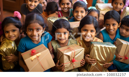 happy children with presents happy children with presents 108032237