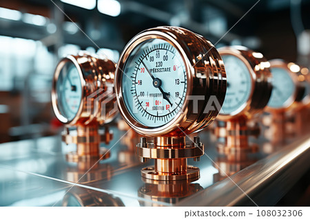 Pressure and flow meters gauges installed in industrial equipment. Industrial zone Close up Pressure and flow meters gauges installed in industrial equipment. Industrial zone Close up 108032306