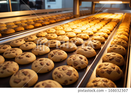 Automated Robotic bakery production line with sweet cookies. Industrial food production plant indoors Automated Robotic bakery production line with sweet cookies. Industrial food production plant indoors 108032307
