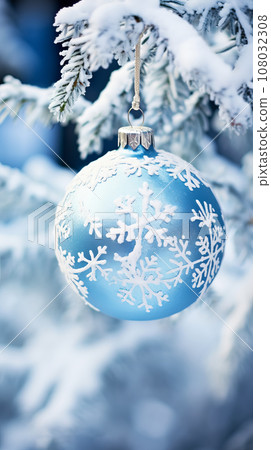 Christmas blue ball with white decor hanging on Christmas tree close-up, vertical format 108032308