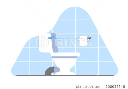 Toilet with roll of hygiene paper. Bathroom interior. Tile wall. Home sanitary room. White ceramic seat. Apartment lavatory or public WC. Empty restroom. Plumbing equipment. Vector concept 108032346