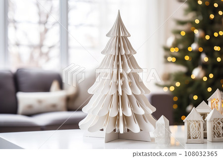 Festive living room with Cozy DIY Christmas decor made from paper Christmas tree. Christmas zero waste Festive living room with Cozy DIY Christmas decor made from paper Christmas tree. Christmas zero waste 108032365