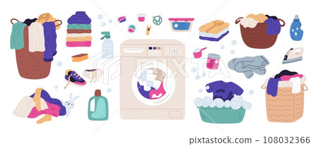 Laundry clothes. Dirty and clean clothing piles. Washing machine. Household chores. Jeans and sweaters stacks. Baskets with garments. Hand wash pelvis. Detergent bottle. Garish vector set Laundry clothes. Dirty and clean clothing piles. Washing machine. Household chores. Jeans and sweaters stacks. Baskets with garments. Hand wash pelvis. Detergent bottle. Garish vector set 108032366