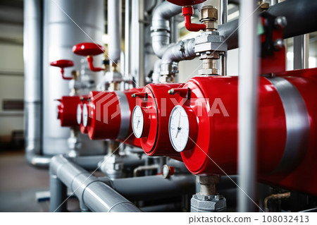 Pressure and flow meters gauges installed in industrial equipment. Industrial zone Close up Pressure and flow meters gauges installed in industrial equipment. Industrial zone Close up 108032413