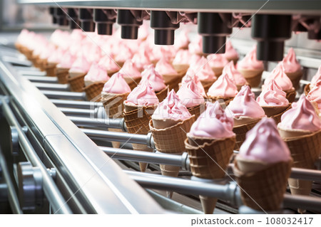 Automated Robotic natural ice cream Line. Industrial food production plant indoors Automated Robotic natural ice cream Line. Industrial food production plant indoors 108032417