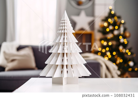 Festive living room with Cozy DIY Christmas decor made from paper Christmas tree. Christmas zero waste Festive living room with Cozy DIY Christmas decor made from paper Christmas tree. Christmas zero waste 108032431