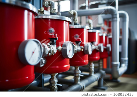 Pressure and flow meters gauges installed in industrial equipment. Industrial zone Close up Pressure and flow meters gauges installed in industrial equipment. Industrial zone Close up 108032433