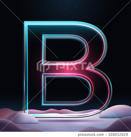 3D glass letter B with neon light insight. Big relistic letter with sparkles and winter background. Holiday decoration. Element for design poster, advertisign or game 3D glass letter B with neon light insight. Big relistic letter with sparkles and winter background. Holiday decoration. Element for design poster, advertisign or game 108032829