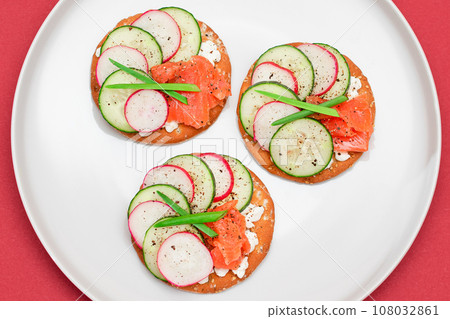 Cracker Sandwiches with Salmon, Cucumber, Radish, Cottage Cheese and Green Onions Cracker Sandwiches with Salmon, Cucumber, Radish, Cottage Cheese and Green Onions 108032861