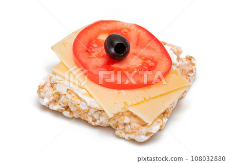 Rice Cake Sandwich with Tomato, Cheese and Olives - Isolated 108032880