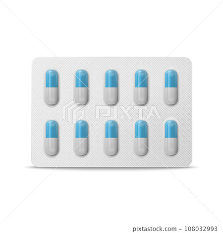Vector Realistic Pharmaceutical Medical White and Blue Pills, Vitamins, Capsule in Blister Closeup Isolated. Pills in Blister Packaging Design Template. Front View. Medicine, Health Concept 108032993