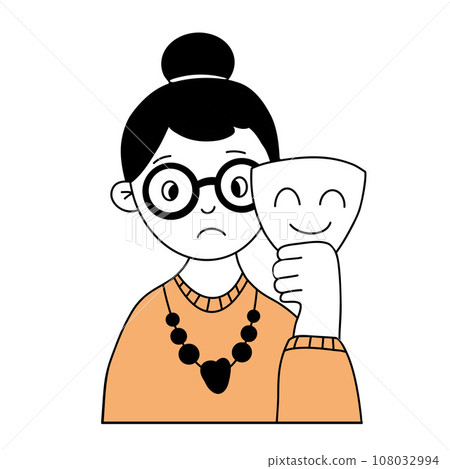 Sad unhappy woman woman with happy smiling mask. Covering emotions, searching identity. Vector illustration. hand doodle. Psychology, mood changes, personality concept. 108032994