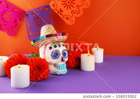 Day of the dead. Dia De Los Muertos celebration background. Sugar Skull, marigolds or cempasuchil flowers. 108033002