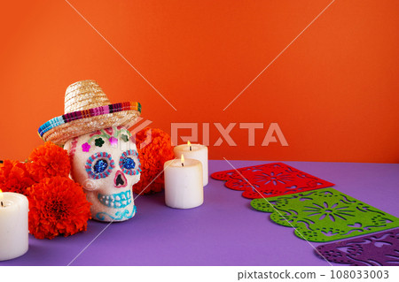 Day of the dead. Dia De Los Muertos celebration background. Sugar Skull, marigolds or cempasuchil flowers. Day of the dead. Dia De Los Muertos celebration background. Sugar Skull, marigolds or cempasuchil flowers. 108033003