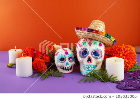 Day of the dead. Dia De Los Muertos celebration background. Sugar Skull, marigolds or cempasuchil flowers. 108033006