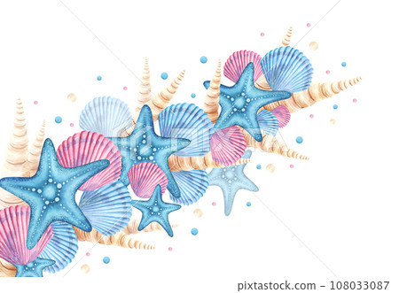 Beautiful underwater composition with watercolor sea life shell and starfish. Hand drawn illustration isolated on white background. For cards, design, packaging Beautiful underwater composition with watercolor sea life shell and starfish. Hand drawn illustration isolated on white background. For cards, design, packaging 108033087