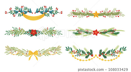 Christmas Garlands, Twinkling Border Strands Of Evergreen Plants, Adorned With Stars, Ribbons And Lights Christmas Garlands, Twinkling Border Strands Of Evergreen Plants, Adorned With Stars, Ribbons And Lights 108033429