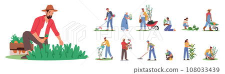 Set Of Gardener Characters Nurture Nature Beauty. With Skillful Hands And Deep Connection To The Earth Set Of Gardener Characters Nurture Nature Beauty. With Skillful Hands And Deep Connection To The Earth 108033439