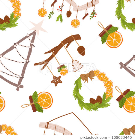 Festive Seamless Pattern Adorned With Christmas Hanging Decor. Tile Ornament With Mistletoe, Fir Branches, Wreaths 108033440