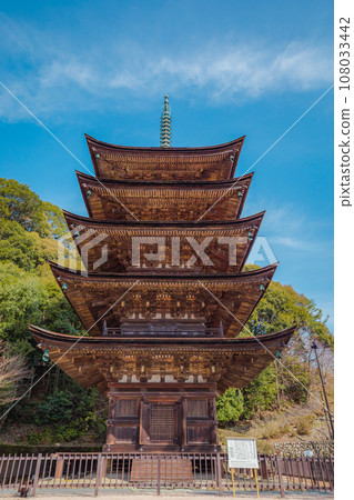 冬天的瑠璃光寺和五層寶塔在藍天的襯托下閃閃發光 108033442