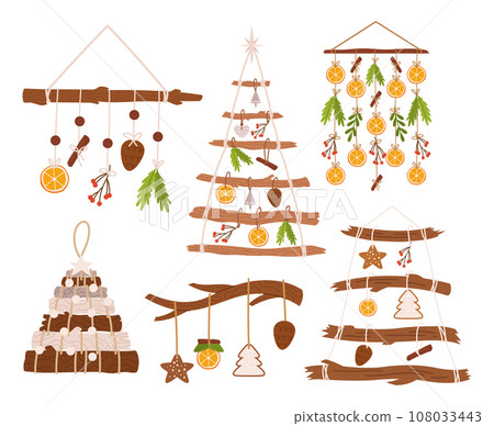 Set Of Holiday Christmas Hanging Decor. Dazzling Festive Sweets, Plants Or Herbs Hang On Tree Branches, Decorative Trees 108033443
