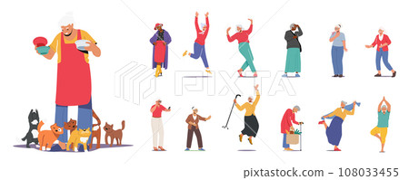 Set Of Senior Female Characters Feeding Cats, Run, Jump And Dance, Posing In Trendy Clothes, Doing Yoga And Sport 108033455