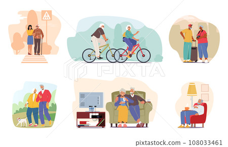 Set Of Senior Characters Crossing The Road By Zebra, Riding Bicycles, Walking With Dog In Park, Watching Movies Together 108033461