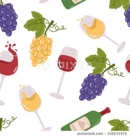Seamless Pattern With Lush Grapes And Swirling Vines, Bottles And Glasses. Tile Background Perfect For Wine Lovers 108033476