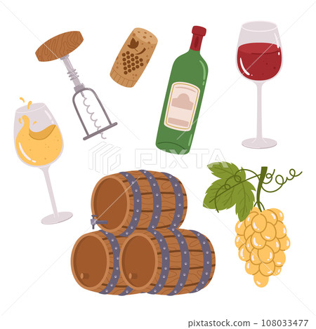 Set Of Winery And Vineyard Items. Corkscrew, Wineglass With Red And White Wine, Bottle, Wooden Barrels, Cork And Grape 108033477