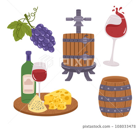 Winery Icons Collection. Set of Ripe Grapes, Press Machine, Wineglass with Red Splashing Liquid, Wooden Barrell, Tray 108033478