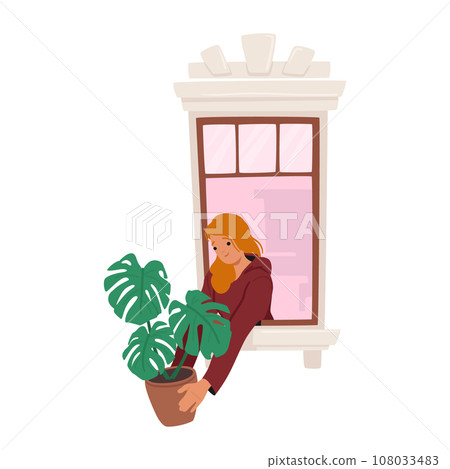 Woman Stands By the Window with A Lush Houseplant In Her Hands. Neighbor Female Character Stretching Pot Woman Stands By the Window with A Lush Houseplant In Her Hands. Neighbor Female Character Stretching Pot 108033483
