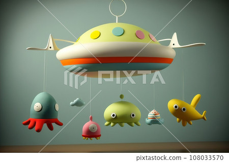 A whimsical hanging mobile with colorful alien toys under flying saucer for a child's bedroom. Children's musical carousel on a crib in UFO style. Fantastic toys for little UFO lovers. Generative Ai. 108033570