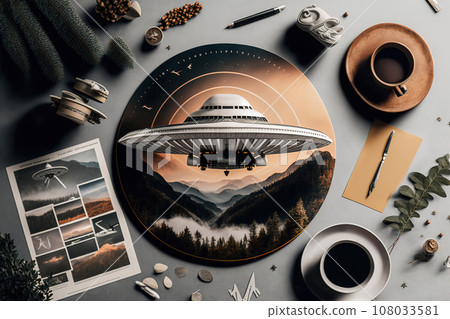 UFO flat lay composition. Morning coffee with...-插圖素材