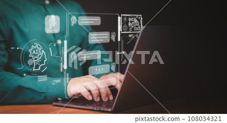 Businessman use technology smart robot AI. Artificial intelligence by enter prompt for generates something, Futuristic technology transformation. Chatbot Chat with AI, Artificial Intelligence. 108034321