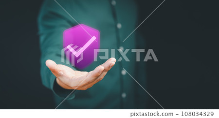 Certified guarantee approval or secure access system concept. User show on hand warranty identity proof icon for security protection system on virtual screen. Quality assurance of business service. Certified guarantee approval or secure access system concept. User show on hand warranty identity proof icon for security protection system on virtual screen. Quality assurance of business service. 108034329